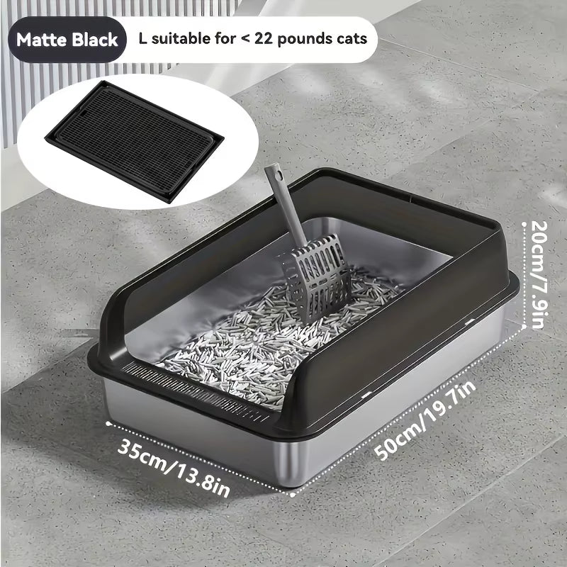 Extra Large Stainless Steel Cat Litter Box with Lid - Enclosed Litterpan High-Sided Resistant Leak-Proof Cat Litter Mat
