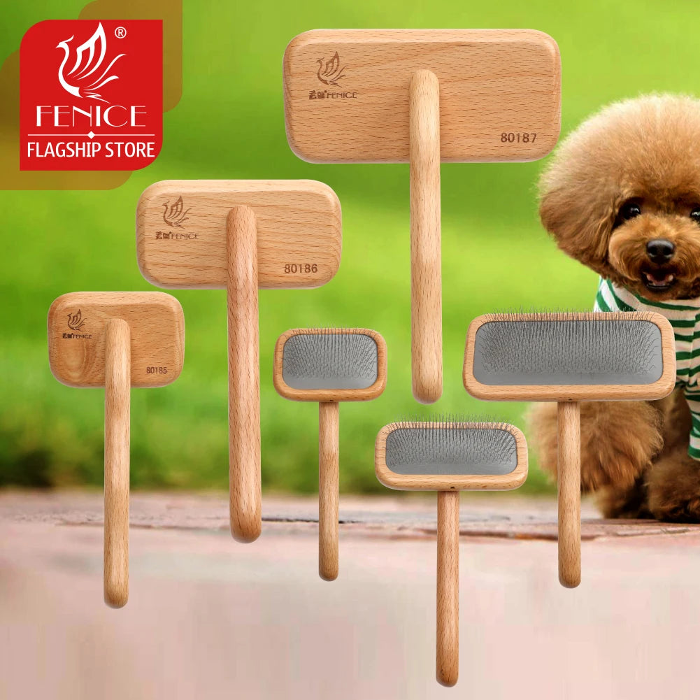 Fenice Pet Grooming Comb Wooden Handle Needle Comb for Hair Pet Brush Beauty Brush Dog Accessories