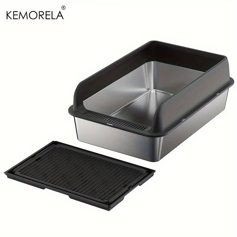 Extra Large Stainless Steel Cat Litter Box with Lid - Enclosed Litterpan High-Sided Resistant Leak-Proof Cat Litter Mat