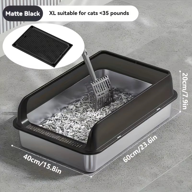 Extra Large Stainless Steel Cat Litter Box with Lid - Enclosed Litterpan High-Sided Resistant Leak-Proof Cat Litter Mat