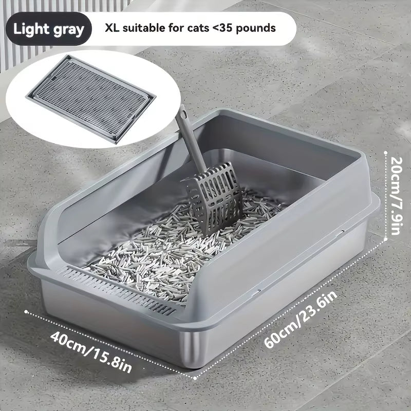 Extra Large Stainless Steel Cat Litter Box with Lid - Enclosed Litterpan High-Sided Resistant Leak-Proof Cat Litter Mat