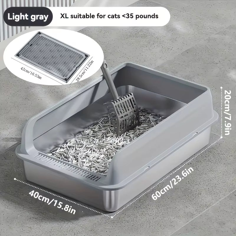 Extra Large Stainless Steel Cat Litter Box with Lid - Enclosed Litterpan High-Sided Resistant Leak-Proof Cat Litter Mat