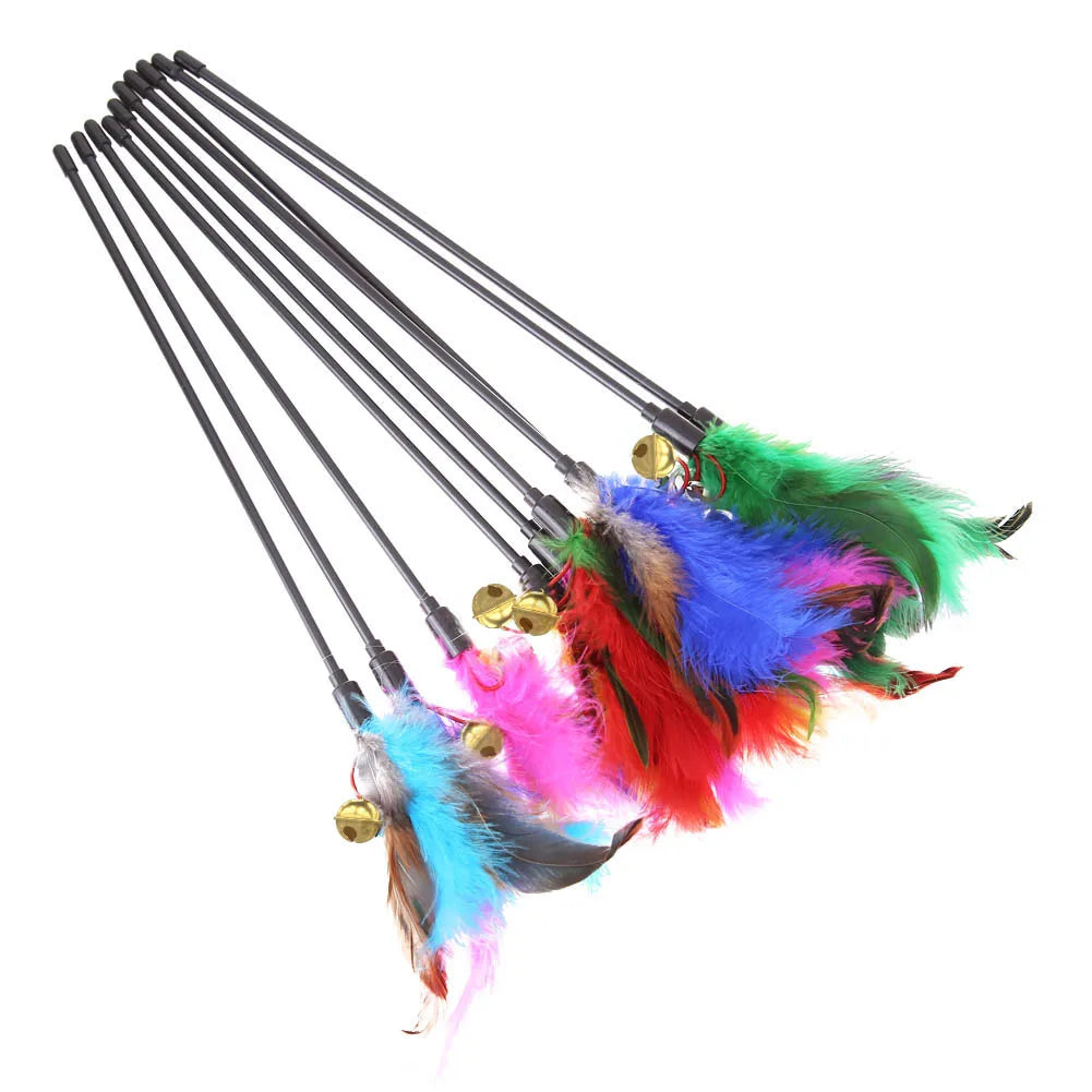 5Pcs/Set Cat Interactive Wand Colorful Feather Chicken Feather Cat Stick Bell Portable Creative Fashion Novelty Pet Cat Supplies