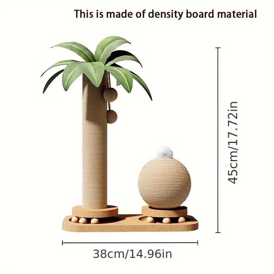 Coconut Tree Cat Scratching Post & Play Tower, 2-In-1 Sisal & Solid Wood Cat Activity Tree with Hanging Balls, Space-Saving