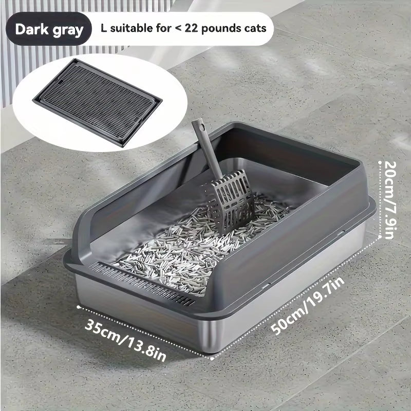 Extra Large Stainless Steel Cat Litter Box with Lid - Enclosed Litterpan High-Sided Resistant Leak-Proof Cat Litter Mat
