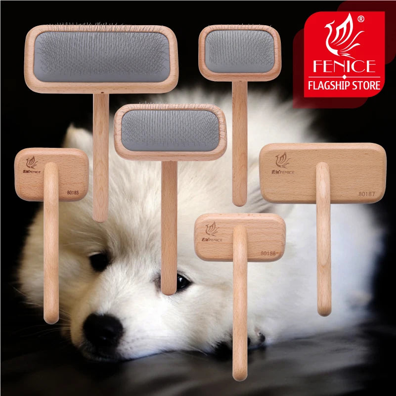 Fenice Pet Grooming Comb Wooden Handle Needle Comb for Hair Pet Brush Beauty Brush Dog Accessories