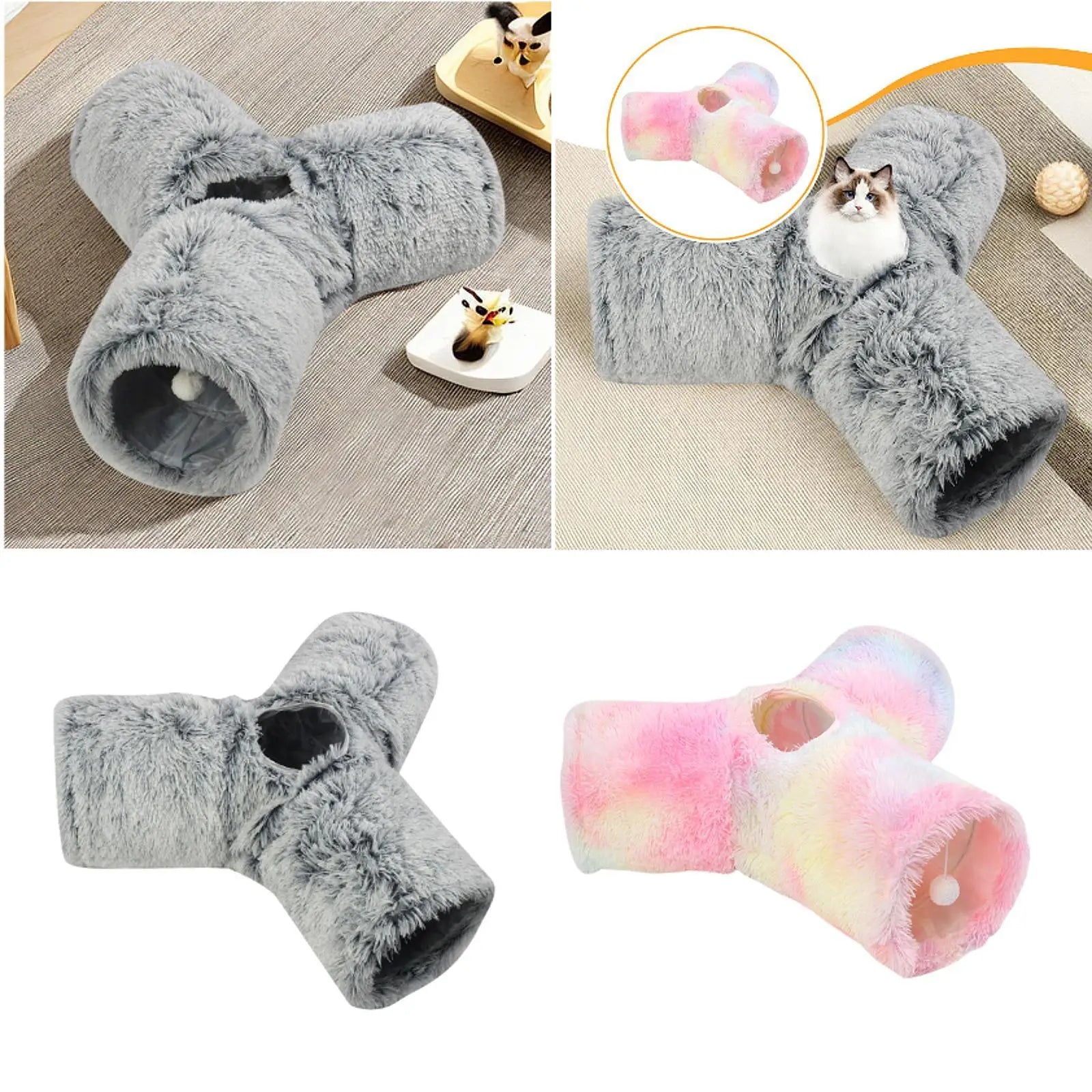 Plush Pet Cat Tunnel Tube 3 Way Interactive Toys Stylish Portable Utility for Farmhouse Indoor Living Room Home Bedroom