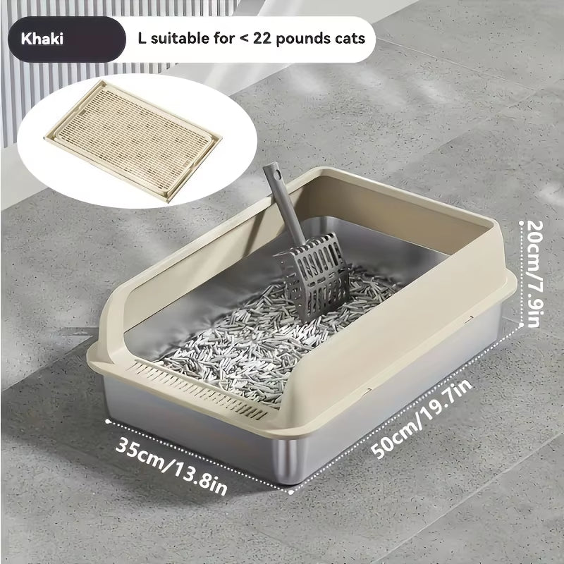 Extra Large Stainless Steel Cat Litter Box with Lid - Enclosed Litterpan High-Sided Resistant Leak-Proof Cat Litter Mat