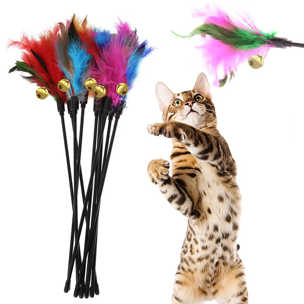 5Pcs/Set Cat Interactive Wand Colorful Feather Chicken Feather Cat Stick Bell Portable Creative Fashion Novelty Pet Cat Supplies