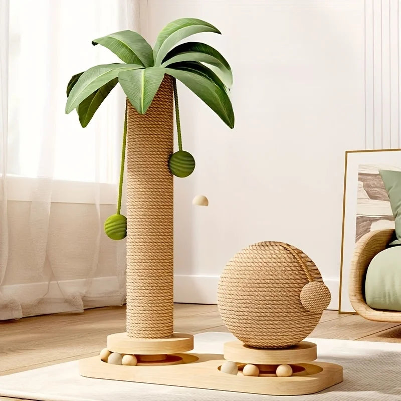 Coconut Tree Cat Scratching Post & Play Tower, 2-In-1 Sisal & Solid Wood Cat Activity Tree with Hanging Balls, Space-Saving