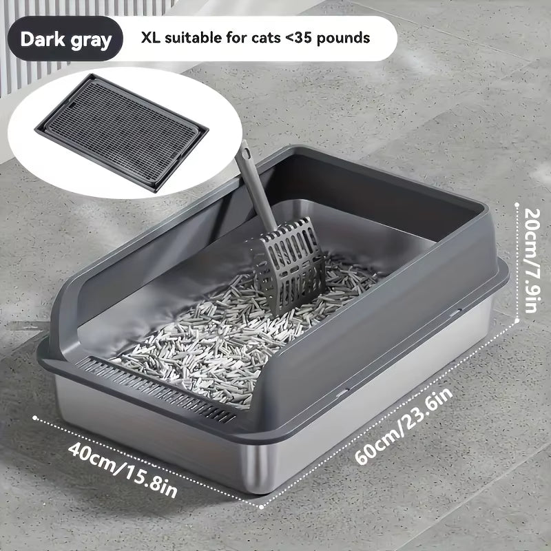 Extra Large Stainless Steel Cat Litter Box with Lid - Enclosed Litterpan High-Sided Resistant Leak-Proof Cat Litter Mat